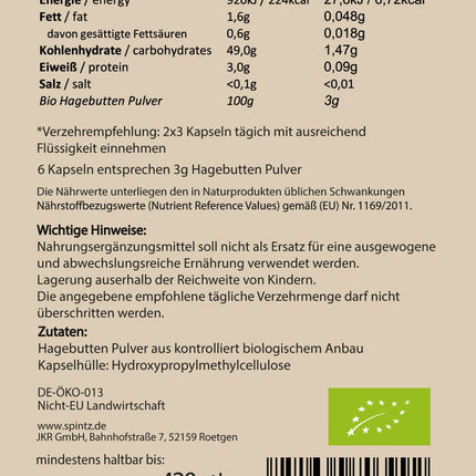 SPINTZ® 420 pcs. Organic Rosehip Capsules - vegan rosehip capsules with high dosage - 500mg organic rosehip powder from organic farming - rosehip powder | plastic-free packaging
