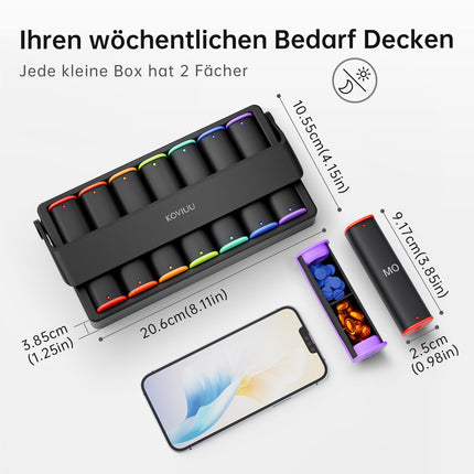 Pill box 7 days morning evening, KOVIUU weekly pill box 2 compartments, medicine box on the go, pill box, large tablets pill box organizer, medicine box pill box for vitamins, black