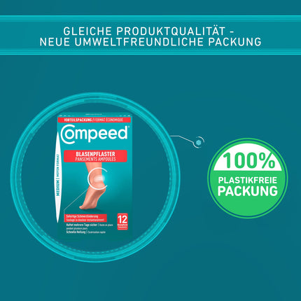 Compeed Blister Plasters Medium Value Pack - Hydrocolloid plasters for blisters on the heels, 1x 12 pieces