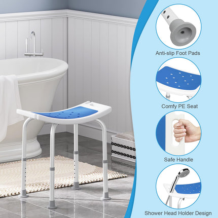 EUGAD Shower Stool, Height-Adjustable Shower Chair, Anti-Slip Feet Handles, Shower Seat, Bath Seat, with Shower Head Holder, for Seniors and Pregnant Women, Made of Aluminum Plastic, 40-53.5 cm, White/Blue