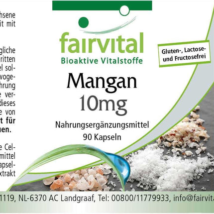 Fairvital | Manganese Capsules 10mg - 90 Capsules - HIGH DOSE - from manganese gluconate - Vegan - essential trace element - Manganese