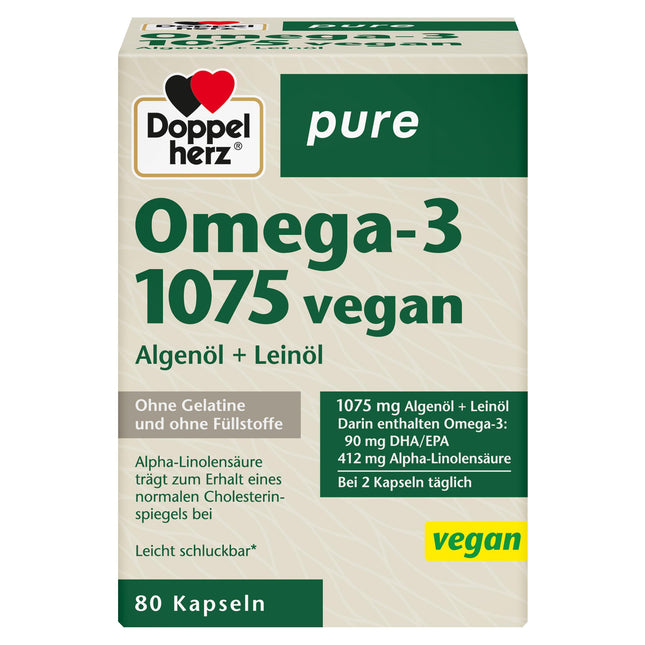 Doppelherz pure Omega-3 1075 vegan - Algae oil + linseed oil - Alpha-linolenic acid contributes to the maintenance of normal cholesterol levels - 80 capsules
