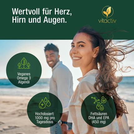VITACTIV Omega 3 Algae Oil Capsules - 60 Capsules - Marine Omega 3 Vegan, High Dose with 1000mg Microalgae Oil per Daily Dose - 450mg Omega-3 Fatty Acids DHA &amp; EPA (2:1) - Heart, Brain, Eyes - Laboratory Tested
