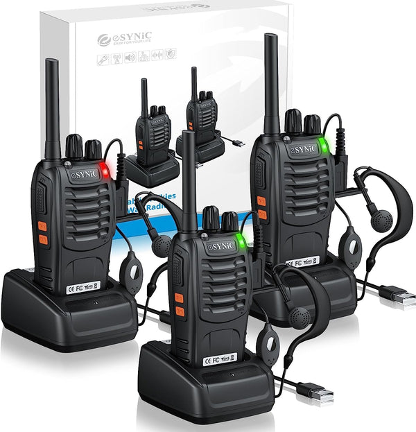 eSynic Professional Walkie Talkies for Adults, Rechargeable, 16 Channels, VOX, with Headphones and LED Lights, Perfect for Kids Ages 5 and Up, Outdoor Activities