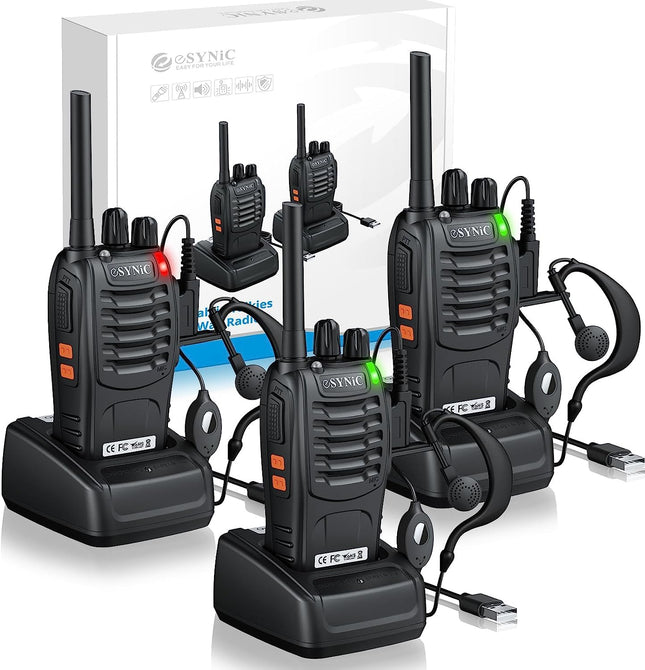 eSynic Professional Walkie Talkies for Adults, Rechargeable, 16 Channels, VOX, with Headphones and LED Lights, Perfect for Kids Ages 5 and Up, Outdoor Activities
