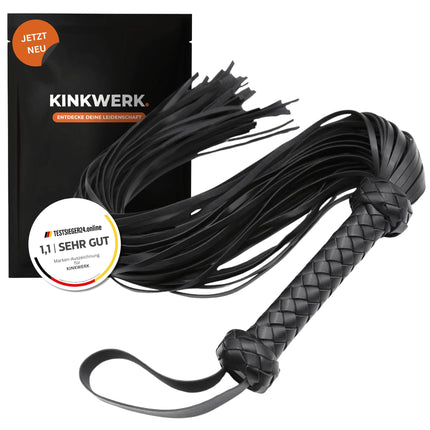 KINKWERK Flogger (Black, 76 cm) | Soft PU Leather Riding Crop with Braided Handle | BDSM &amp; Spanking Sex Toy | For Couples, Role Play &amp; Fetish Adventures