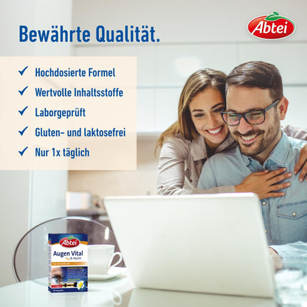 Abtei Eye Vital Day and Night - with vitamin A, lutein, DHA, and zeaxanthin - for the maintenance of vision - high dosage, gluten-free, lactose-free - 30 capsules