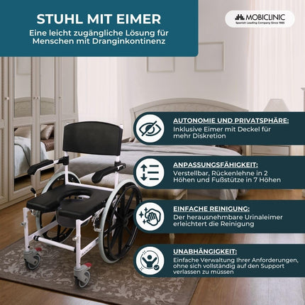 Mobiclinic®, Commode Wheelchair, Height Adjustable, Self-Propelled, Calígula, Folding Footrest and Armrests, With Removable Bowl, Wheel Brake, Aluminum