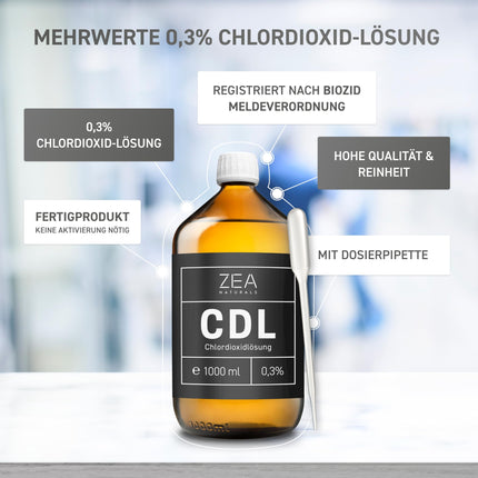 ZEA Naturals ® CDL 0.3% (1000 ml) - Chlorine Dioxide Solution 0.3 - Brown Glass Bottle + HDPE Pipette - Reg. No. N-80477 - Chlorine Dioxide, CDs, Cdl Drops, CDs Solution 0.3 1000ml, MMS Drops