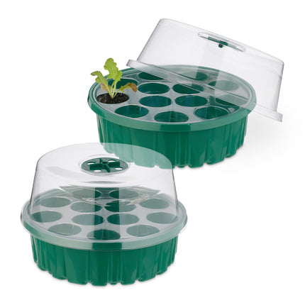 Relaxdays Growing Greenhouse, Set of 2, Mini Greenhouse for Windowsill, 13 Compartments, Grow Box, Lid, Green/Transparent