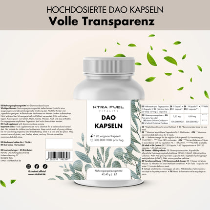 DAO Capsules 120 pieces (high-dose) - 300,000 HDU per daily dose - DAO enzyme from pea protein - vegan &amp; laboratory-tested