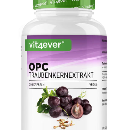 OPC Grape Seed Extract - 300 Capsules - 1000mg extract with 700mg OPC - Highest OPC content according to HPLC - Laboratory-tested OPC from European grapes - Vegan - High dosage