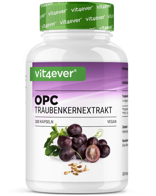 OPC Grape Seed Extract - 300 Capsules - 1000mg extract with 700mg OPC - Highest OPC content according to HPLC - Laboratory-tested OPC from European grapes - Vegan - High dosage