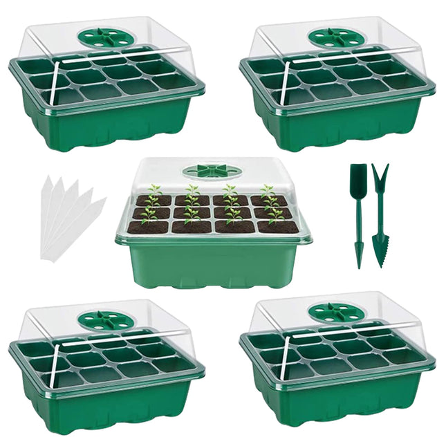 OPAHUTER Indoor Greenhouse Propagator, 5 Pack Seed Start Tray Propagation Box with Humidity-Adjustable Dome Lids Grow Trays for Seeds, 12 Cells per Tray