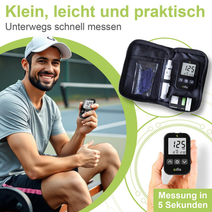 adia blood glucose meter (mg) with 60 blood glucose test strips, 10 lancets, 1 lancing device, 1 case, value set for blood glucose self-monitoring in diabetes