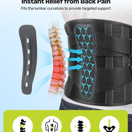 Rakiie Back Support Belt with Support Struts, Adjustable Tension Straps and Soft Breathable Mesh Fabric, Back Brace for Back Pain in Men and Women (Blue, M)