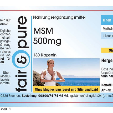 Fair &amp; Pure® - MSM 500mg Capsules - 180 Capsules - Methylsulfonylmethane - vegan - without magnesium stearate