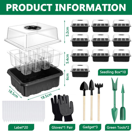 ZHHGOO Indoor Greenhouse Propagator, 10 Pack 120 Cells Mini Greenhouse Propagation Set with 3 Shovels, 2 Garden Tools, 20 Labels, Greenhouse Propagation Tray with Lid for Seedling Plant
