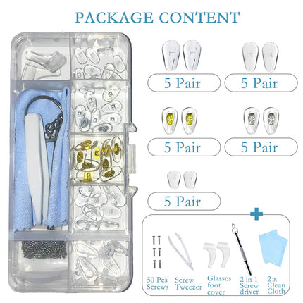 Glasses repair kit, 25 pairs of nose pads, silicone screw-on nose pads for glasses, with screws, tweezers and glasses cleaning cloths