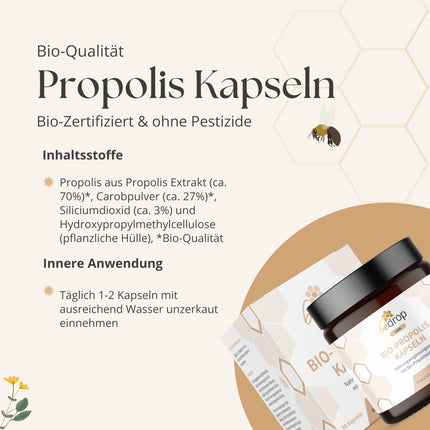 bedrop Organic Propolis Capsules 800mg per capsule, high dosage - 60 Propolis extract capsules from organic beekeeping - Rich in polyphenols &amp; flavonoids - In sustainable glass packaging