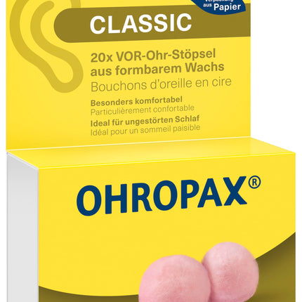 OHROPAX Classic earplugs – in-ear earplugs for protection against noise, moisture, and wind – made of moldable, supple wax – comfortable and suitable for all ears – sound insulation value SNR 21 dB – 20 pieces