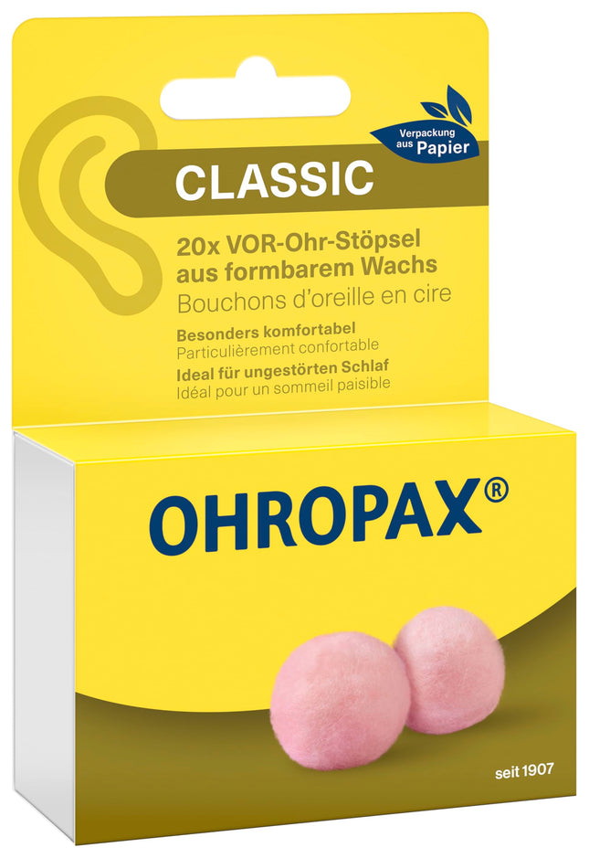 OHROPAX Classic earplugs – in-ear earplugs for protection against noise, moisture, and wind – made of moldable, supple wax – comfortable and suitable for all ears – sound insulation value SNR 21 dB – 20 pieces