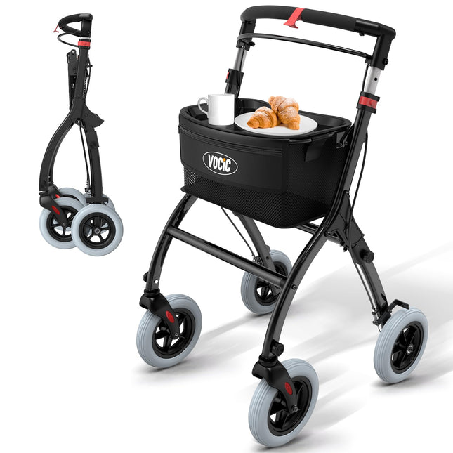 VOCIC Z32 Rollator Narrow for Home, Indoor Rollator Foldable and Lightweight, Stable Home Rollator with Quiet Anti-Slip Tires, Rollators for Seniors with Foldable Tray, Black | 5 Year Warranty