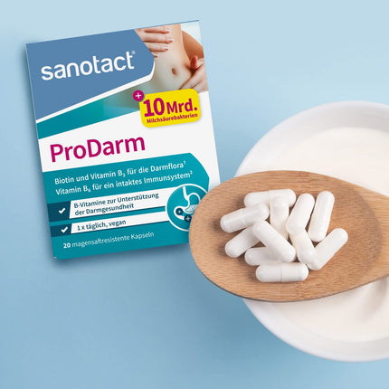 sanotact ProDarm (20 capsules) • 10 billion lactic acid cultures + 3 bacterial strains for intestinal cleansing • Bacterial cultures as a bowel cleansing treatment • With vitamins B6, B2 + biotin • Probiotic intestinal treatment