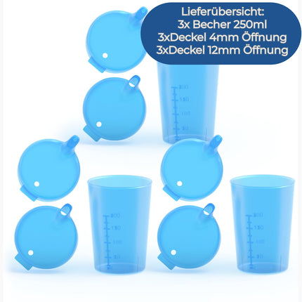 Horn Medical 3-pack 250ml adult sippy cup/drinking aid sets with two lids (large &amp; small opening) per set - color selectable (blue)