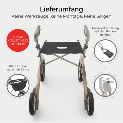 byACRE Carbon Overland/All Terrain Carbon Rollator/Shock-absorbing, large pneumatic tires/Lightweight 6.7 kg/Foldable with seat/Bentley Brown