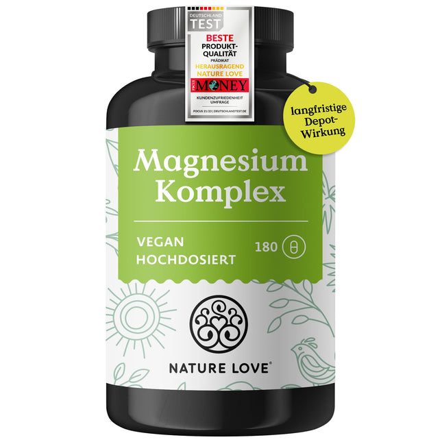 NATURE LOVE® Magnesium Complex - 180 Capsules - 400mg elemental magnesium per daily dose - Magnesium citrate, magnesium oxide, magnesium bisglycinate, magnesium malate, magnesium scorbate - Vegan, high dosage