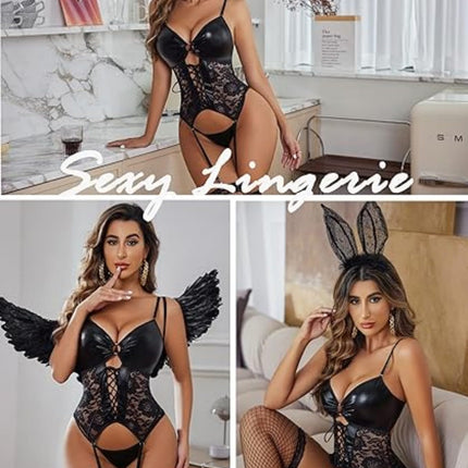 Avidlove Women's Body Lingerie Set Latex Sexy Bodysuit Leather Underwear Outfit Adjustable Lace Suspenders Garter Belt Sexy Lingerie Bra and Panties Lingerie (Stockings Not Included) Black M