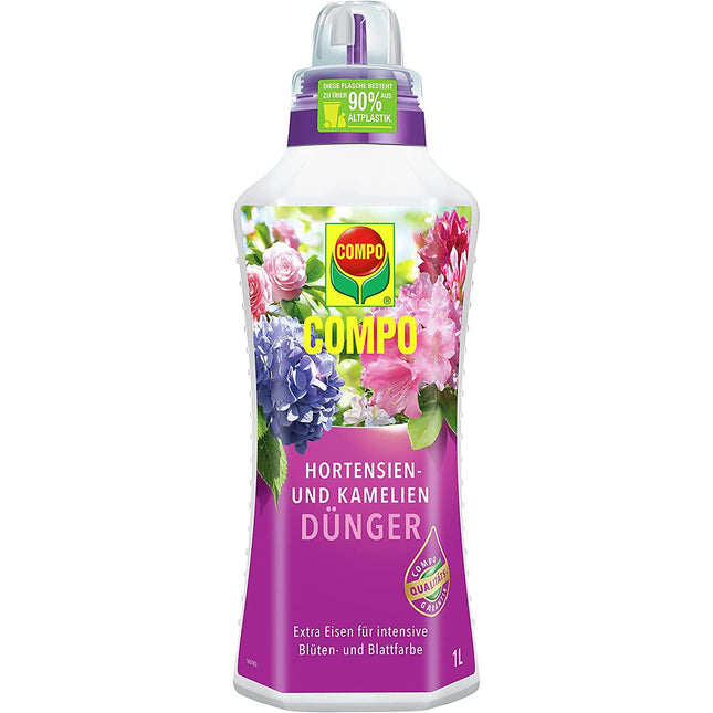 COMPO Hydrangea and Camellia Fertilizer for all bog plants, special liquid fertilizer with extra iron, 1 liter, Hydrangea Fertilizer