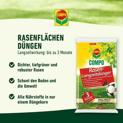 COMPO lawn fertilizer with 3 months of long-term effect for spring and summer - animal-friendly - premium lawn long-term fertilizer - 20 kg for 800 m²