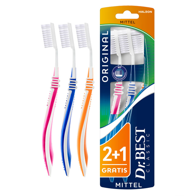 Dr.BEST Original Toothbrush, Medium, Value Pack, for daily cleaning with the proven Dr.BEST flat cut. Flex zone and rounded bristles for thorough yet gentle care.