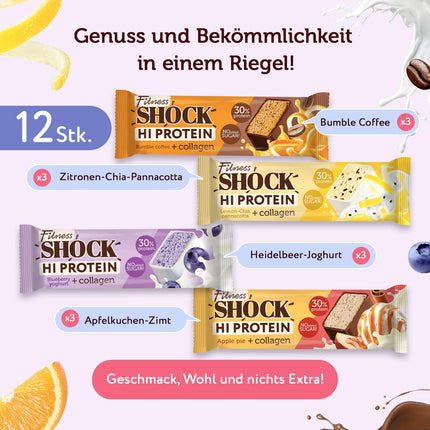 FitnesSHOCK Protein Bar Set Mix Box with high 30% 12g protein content Protein bar without added sugar with 5g collagen low carb high fiber low calorie 12pcs 40g