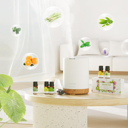 ASAKUKI 300ML Aroma Diffuser with 6 * 10ML Essential Oils Set, Essential Oil Diffuser, Ultrasonic Humidifier for Home Office, 15 Color LED with 4 Timer Settings