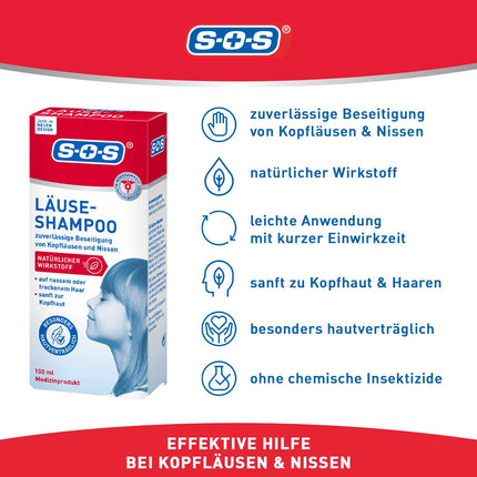 SOS Lice Shampoo | Elimination of nits and head lice | With natural active ingredients for children 3 years and older and adults | Hair lice treatment | 2 x 100 ml