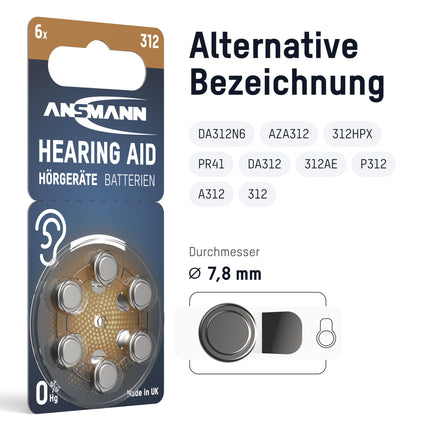 ANSMANN hearing aid batteries type 312 brown P312 ZL3 PR41, 60 pieces, zinc-air 1.4V, storage pack, batteries for hearing aids, easy to reach
