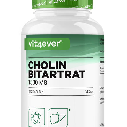 Pure Choline Capsules - 240 Capsules with 750 mg Choline Bitartrate - 4 Month Supply - Liver, Homocysteine ​​&amp; Lipid Metabolism - Active Choline - Natural - High Dosage - Vegan