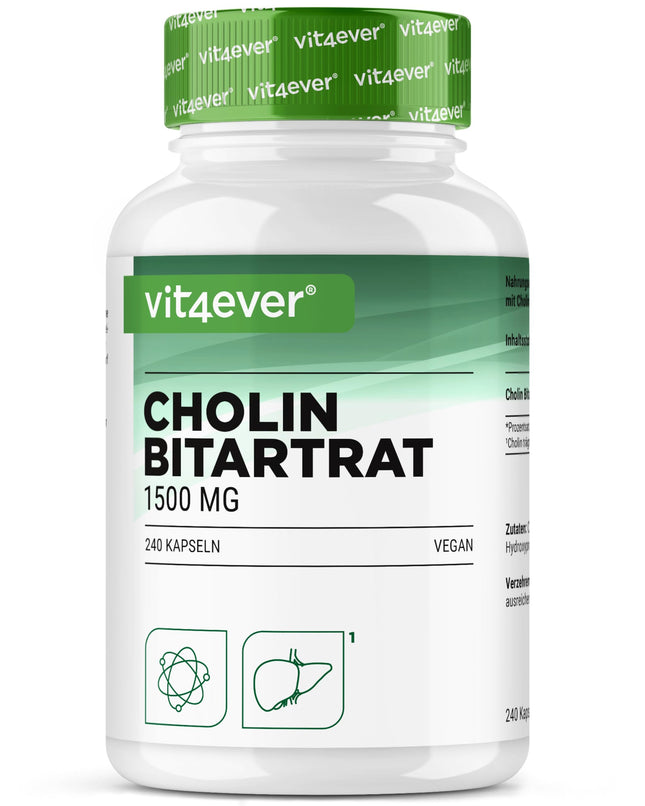 Pure Choline Capsules - 240 Capsules with 750 mg Choline Bitartrate - 4 Month Supply - Liver, Homocysteine ​​&amp; Lipid Metabolism - Active Choline - Natural - High Dosage - Vegan