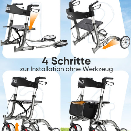 HEAO Rollator Walking Aid for Seniors with Seat, Rollator with Cup Holder and Padded Backrest, Foldable Design, Lightweight Only 7.8 kg, 10" Wheels for Maximum Mobility, Gray
