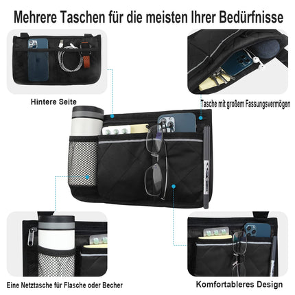 Wheelchair storage bag armrest pocket with cup holder and reflective strip, for most wheelchairs, walking frames or rollators (black)