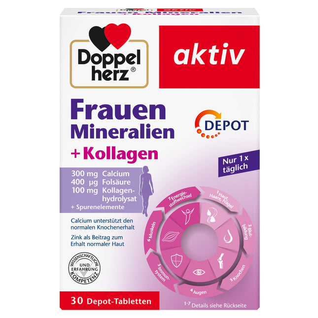 Doppelherz Women's Minerals + Collagen - Calcium, Folic Acid, Collagen Hydrolysate + Trace Elements - 30 DEPOT Tablets