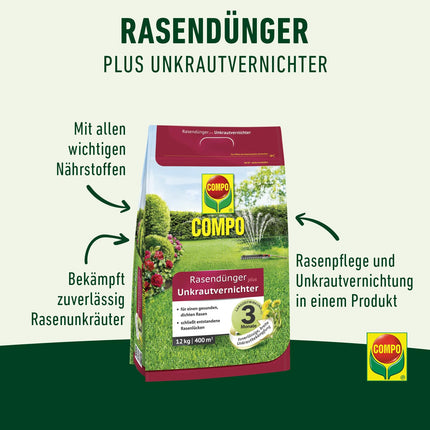 COMPO FLORANID lawn fertilizer plus weed killer, 3-month long-term effect, fine granules, 12 kg, 400 m²