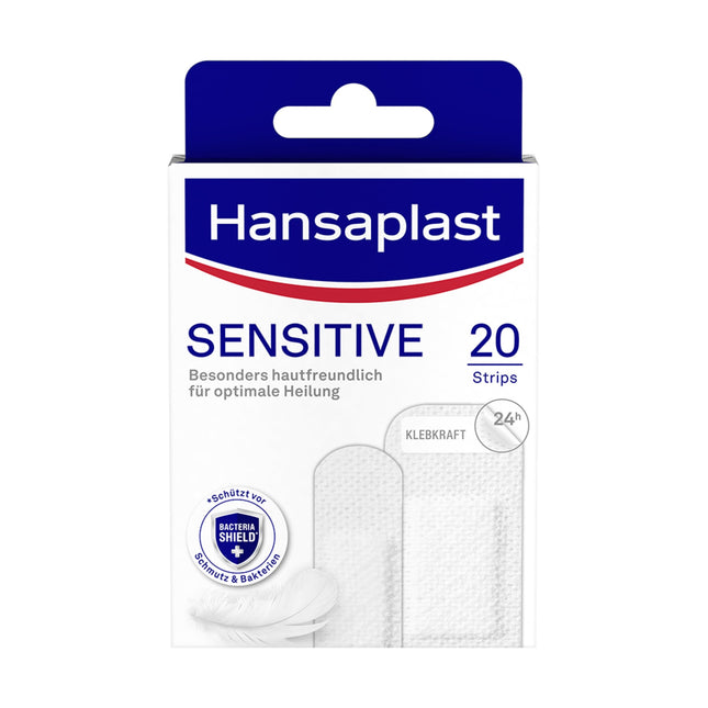 Hansaplast Sensitive Plasters (20 Strips), skin-friendly and hypoallergenic wound plasters with Bacteria Shield &amp; secure adhesive strength, painless removal plasters