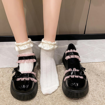 Women Lolita Shoes Heel Mary Jane Lace Pumps with Bow Kawaii Cute Cosplay Wedge Boots Cross Strap Block Heel Sweet Style