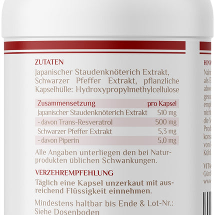 Resveratrol I The comparison winner* I 500 mg trans-resveratrol per capsule I 90 capsules (3 months) from Japanese knotweed I laboratory-tested I vegan I high-dose I Vitaconcept