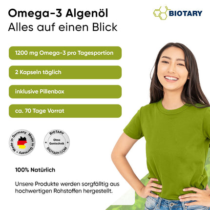Omega 3 Vegan from Algae Oil 140 Softgel Capsules | 600 DHA &amp; 300 EPA + Vitamin E per daily dose | Approx. 3-month supply, including pill box | Laboratory-tested | High bioavailability