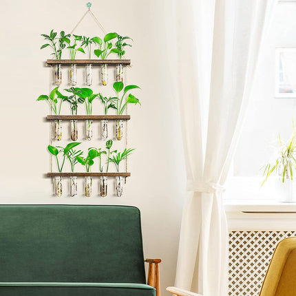 Grovind 3 Tiers Large Flower Vases Wall Hanging Plant Vase with Wooden Stand, Glass Planter Test Tube for Hydroponic Plants Home Office Patio Decor
